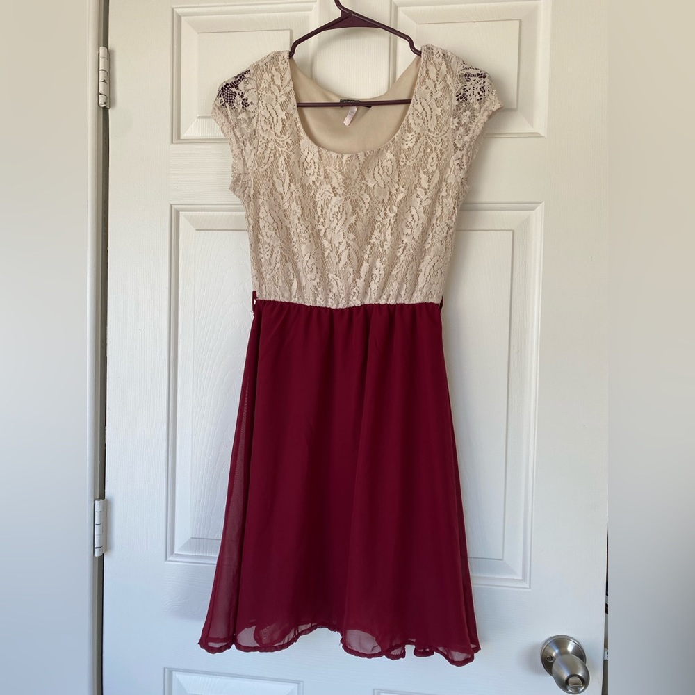 Cream lace and maroon dress